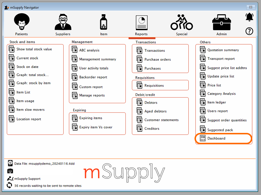 msupply main page dashboard