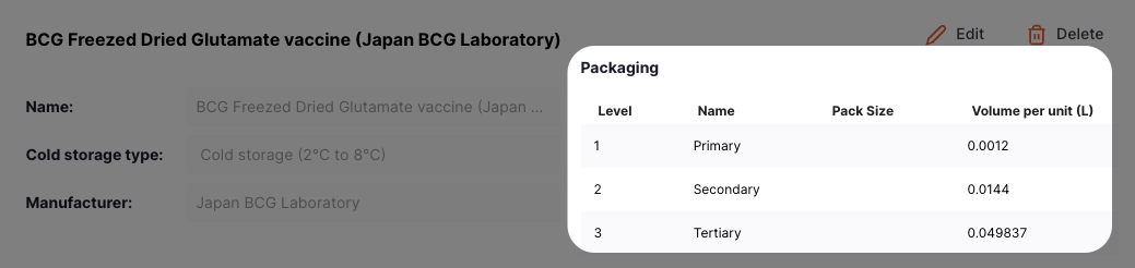 Item variant detail for BCG vaccine showing packaging levels with volume per unit in litres