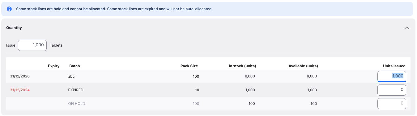1000 units auto-allocated from a single batch with the first row selected and other batches excluded as expired or on hold