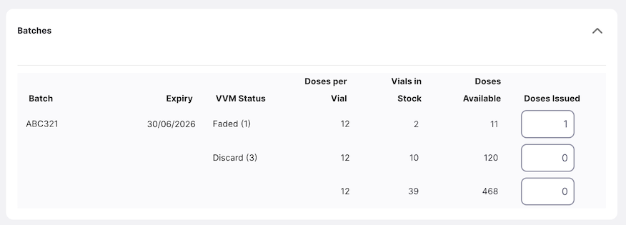 Batch list for a vaccine item showing VVM Status, Doses per unit, Units in stock, Doses Available, and Doses Issued columns