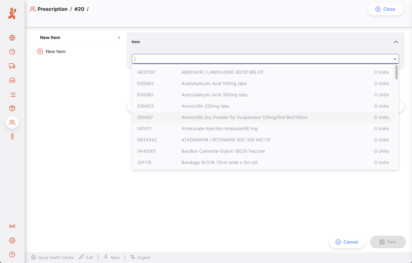 Step 1: Add Item window with a search field for looking up items by name or code
