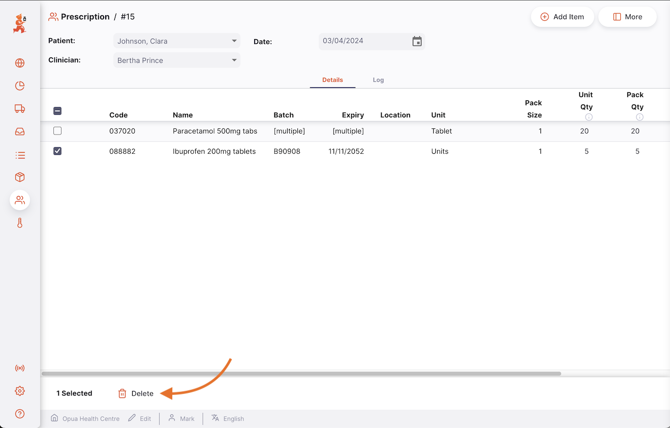 Step 1: Selecting a prescription line by checking its checkbox to mark it for deletion
