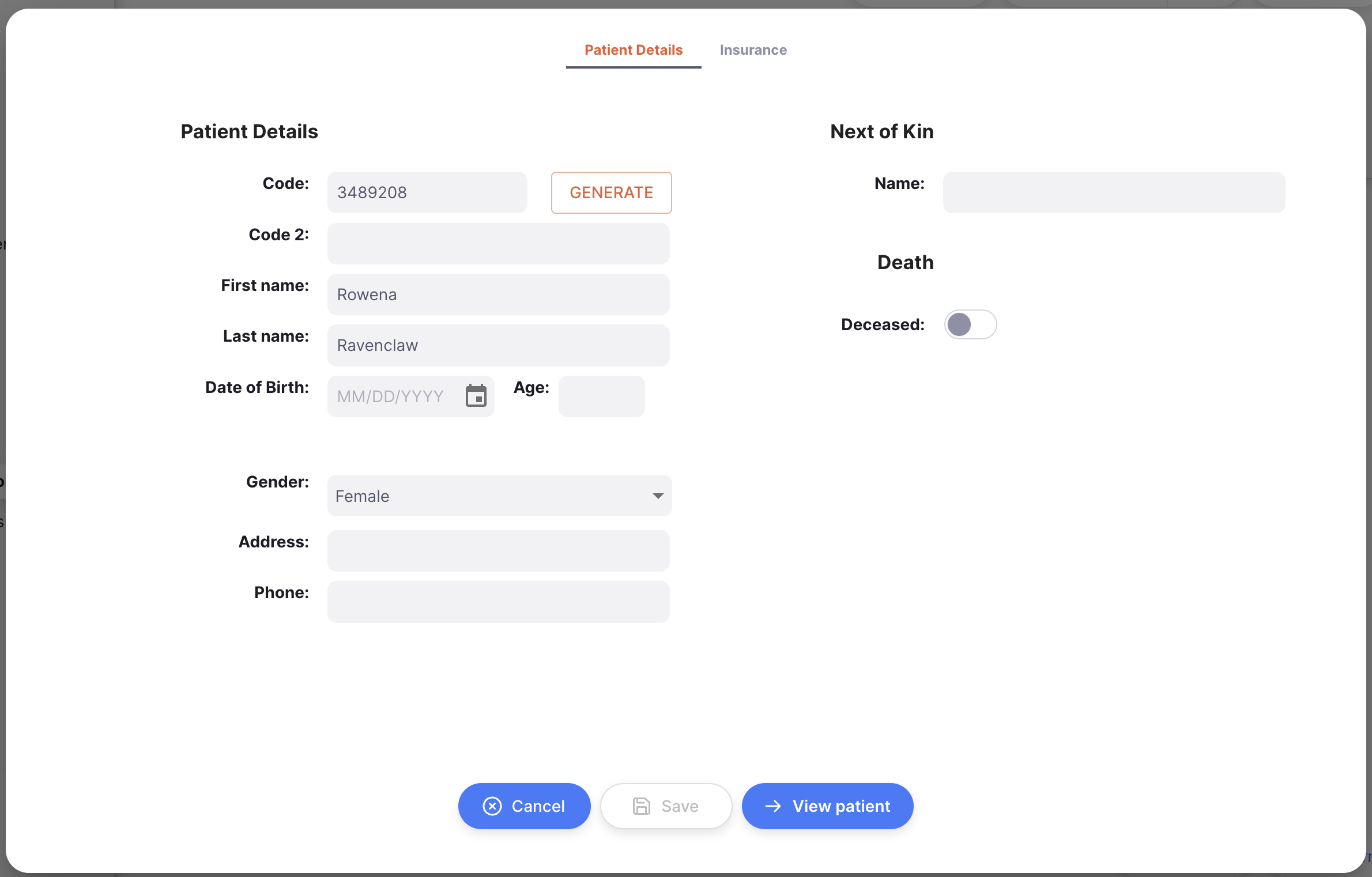 Step 2: Patient details edit form with Save and View Patient options