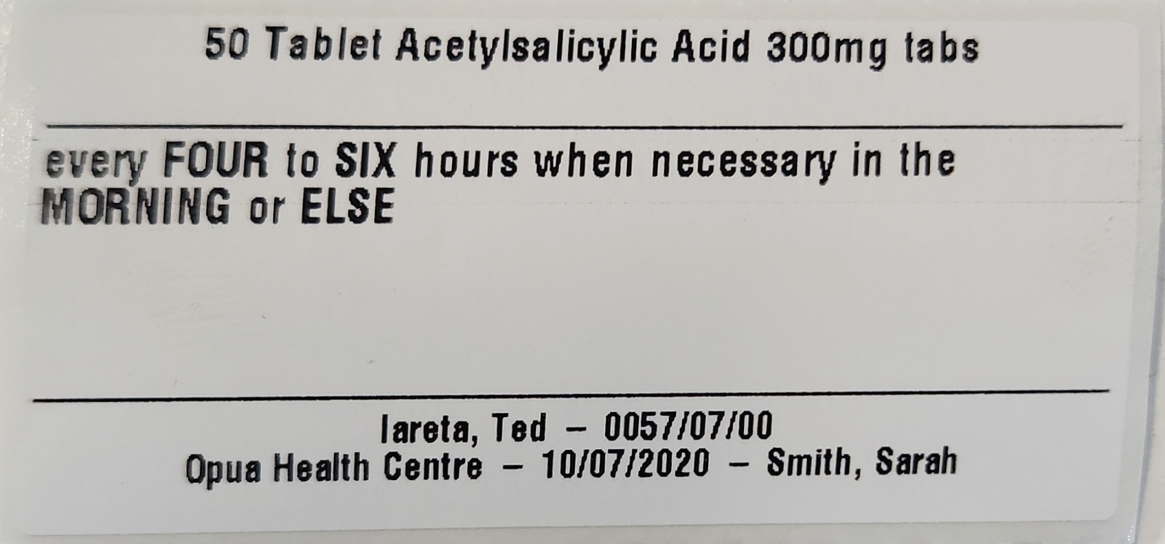 Example prescription label showing patient name, item, quantity, and directions printed by the label printer