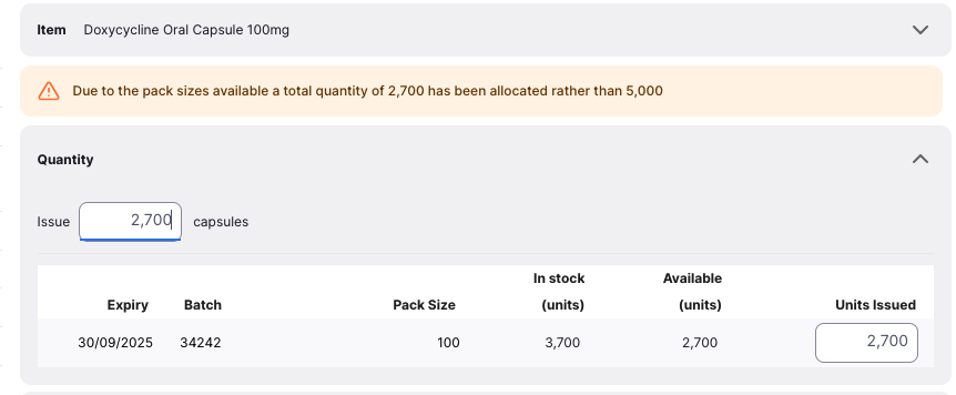 Warning message indicating the requested quantity exceeds available stock