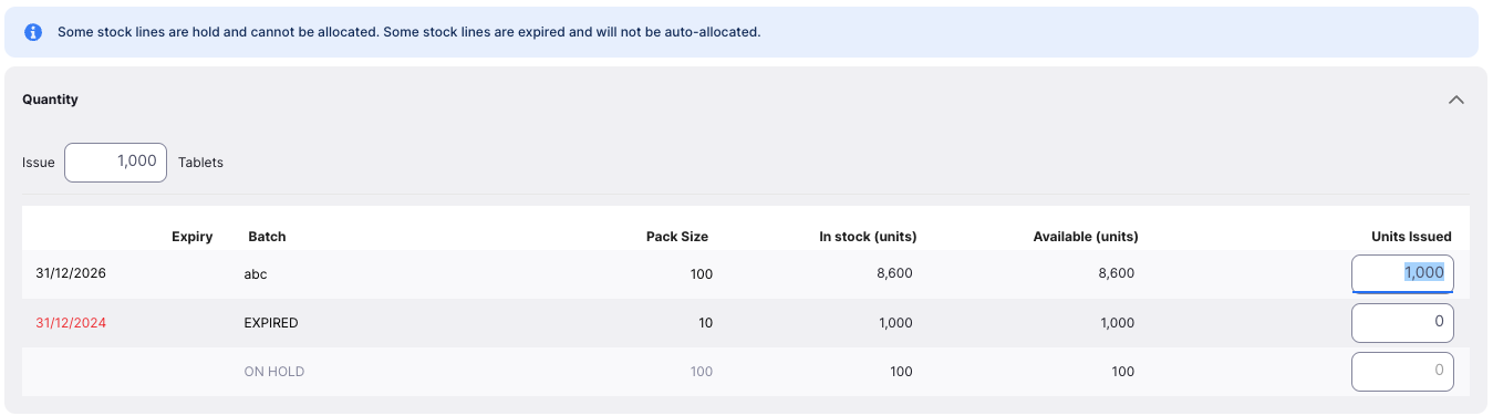 Auto allocate 1000 units from single batch