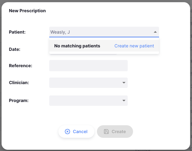 Create new patient pop up