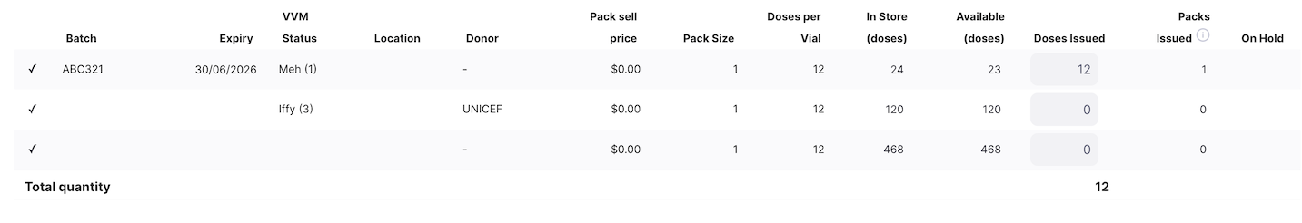 List of available batch numbers with doses