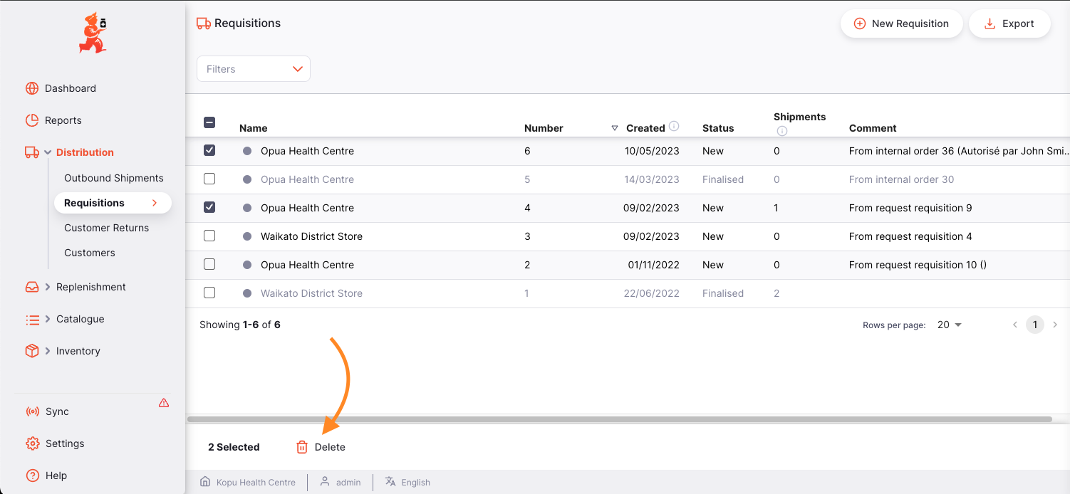 Delete Requesition Actions Footer