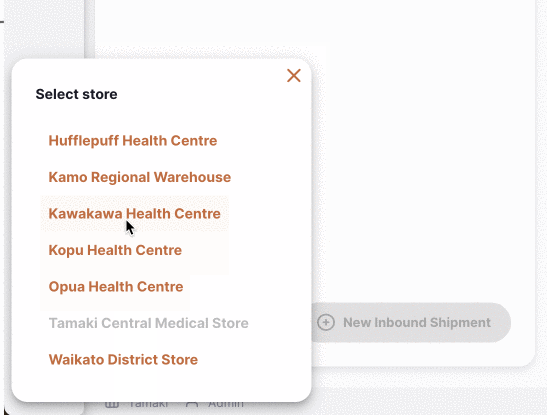 Select store dialog showing a list of available stores