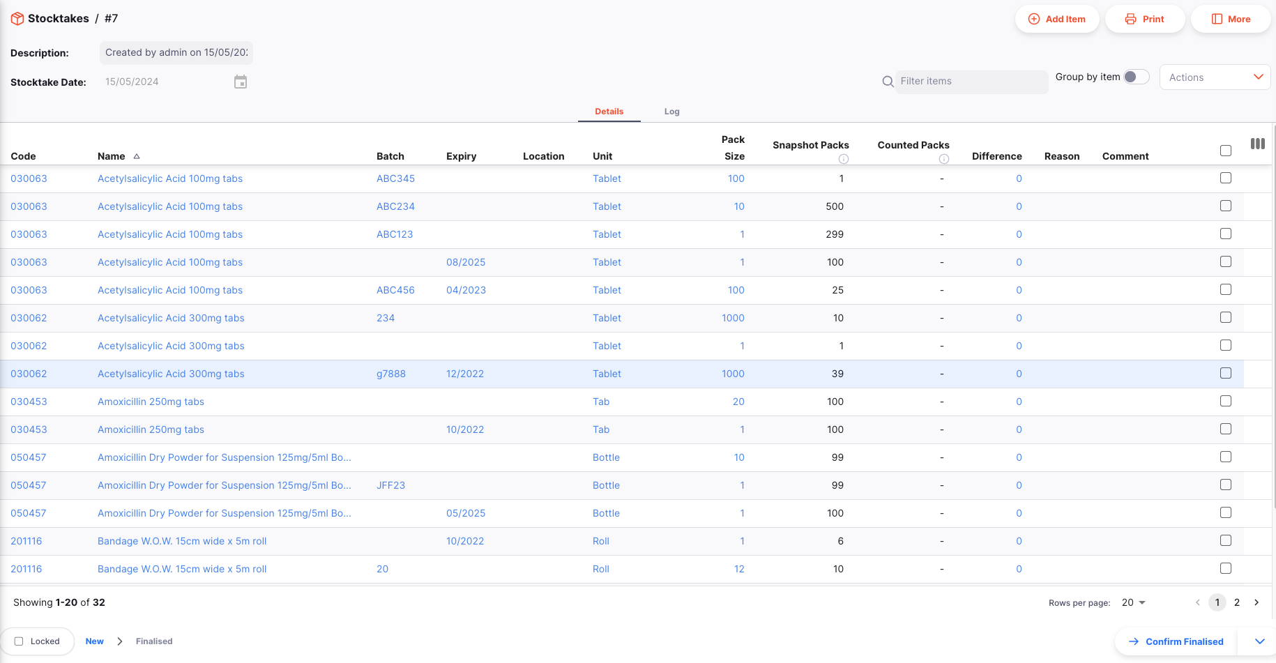 Stocktake with placeholders