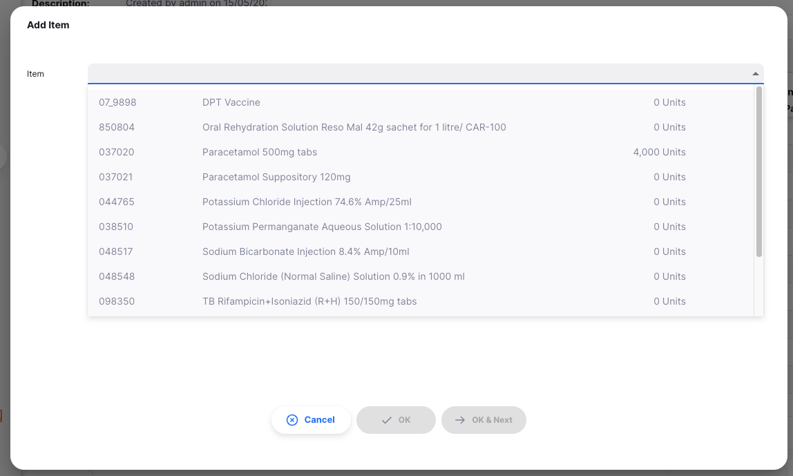 Stocktake add item window