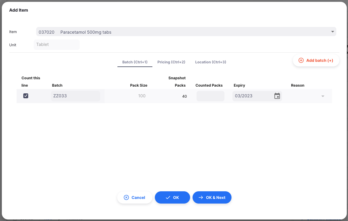 Stocktake add item with batches
