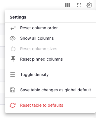 table administration menu