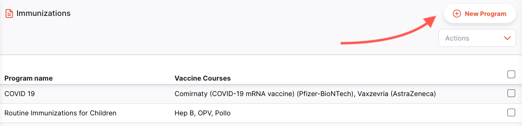immunizations: new program button