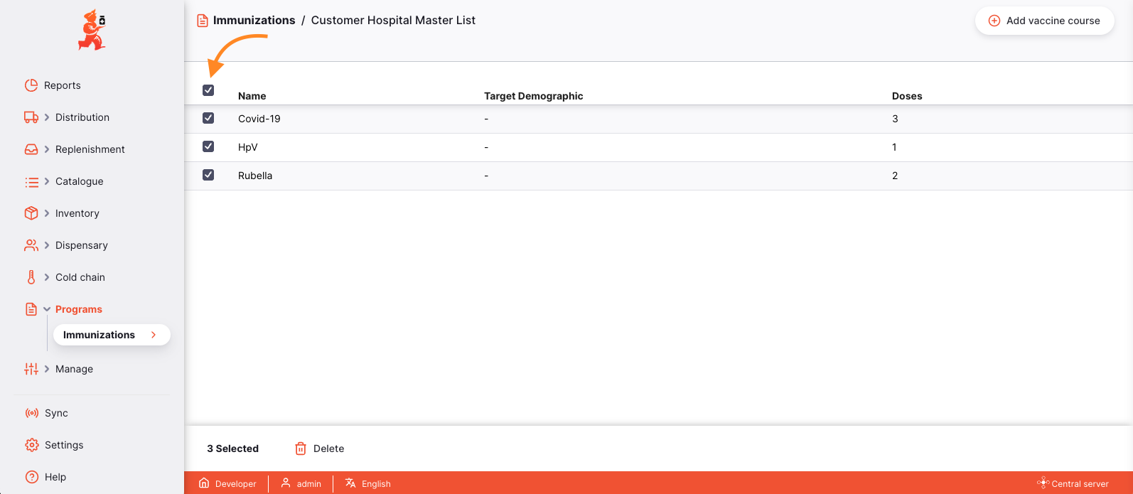 vaccine courses: select to delete