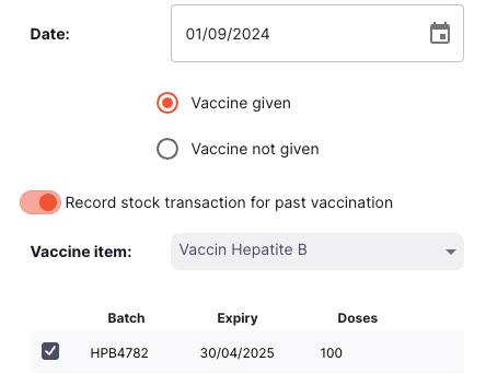 Vaccination Modal - given historic with transaction