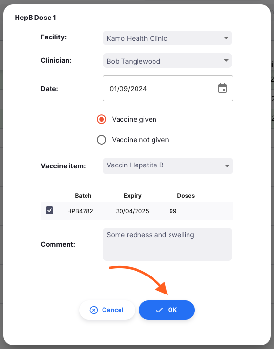 Vaccination Modal - save