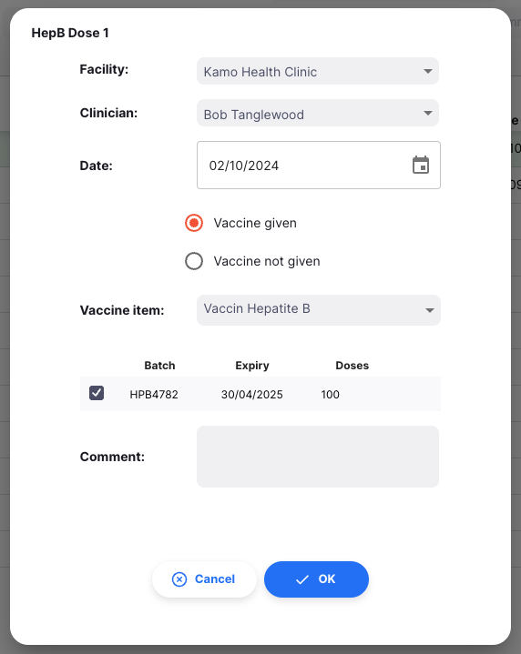 Vaccination Modal - given batch select