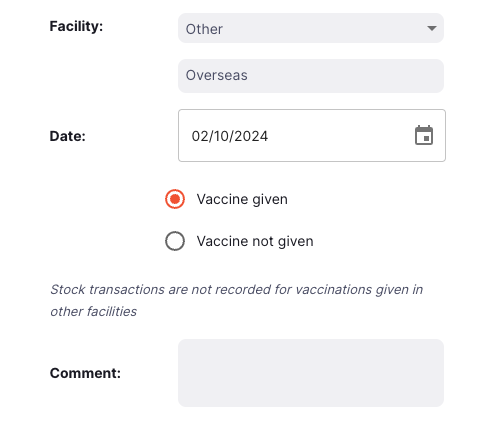 Vaccination Modal - given other facility