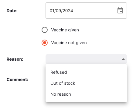 Vaccination Modal - not given reason