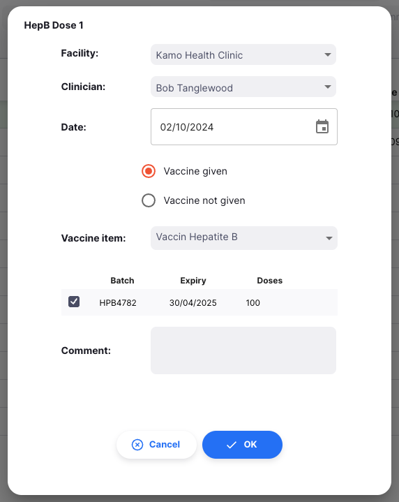 Vaccination - given batch select