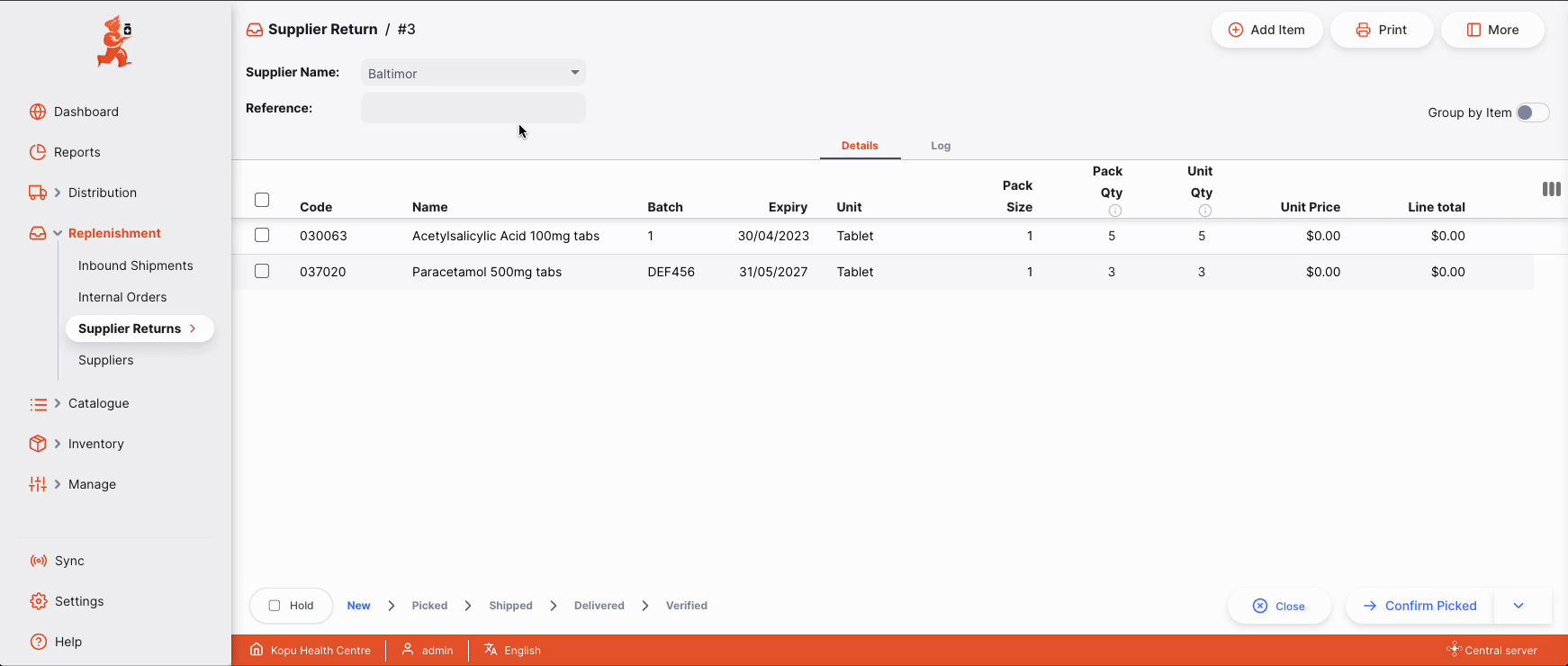 Deleting supplier return lines