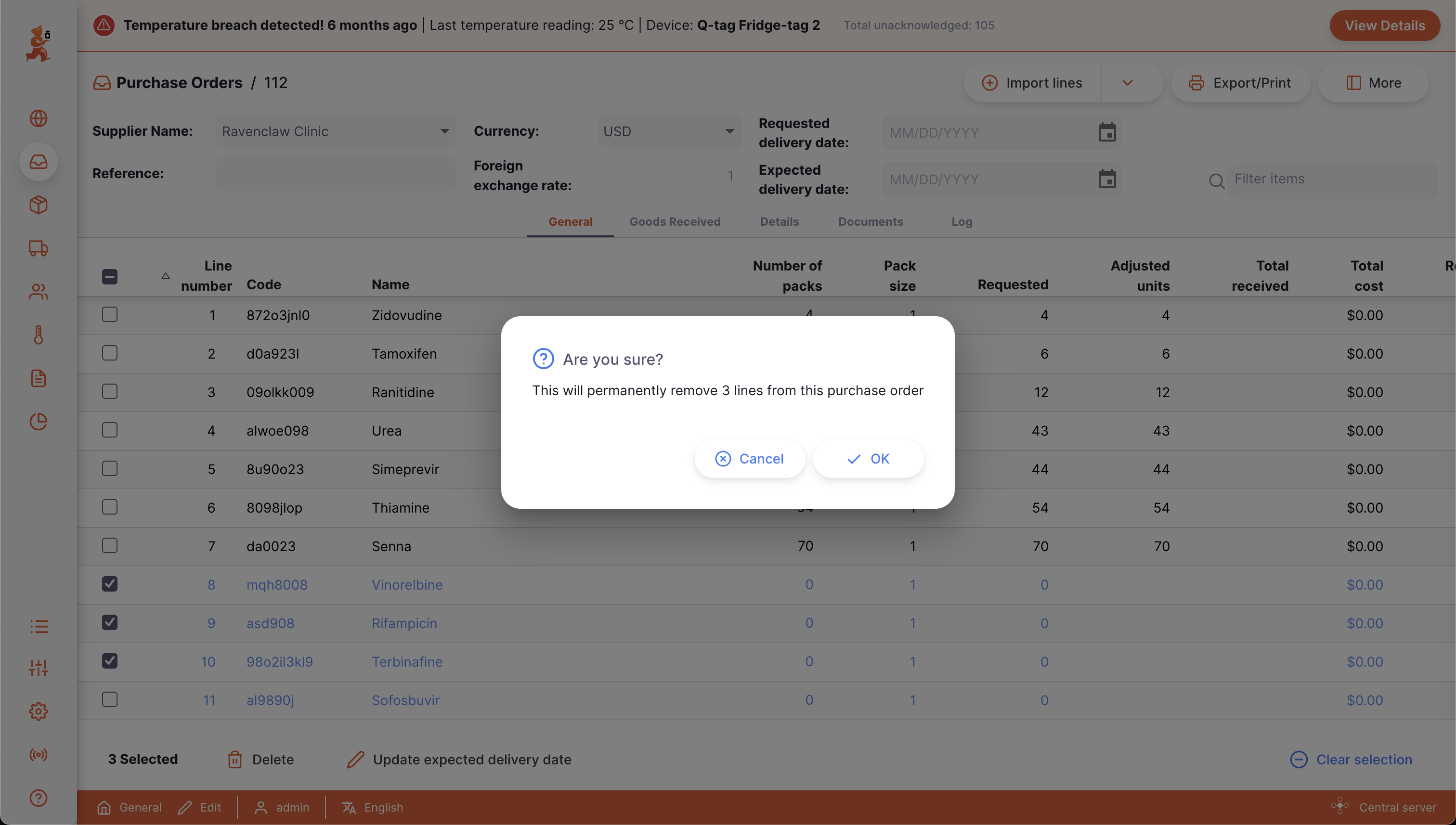 Delete purchase order line