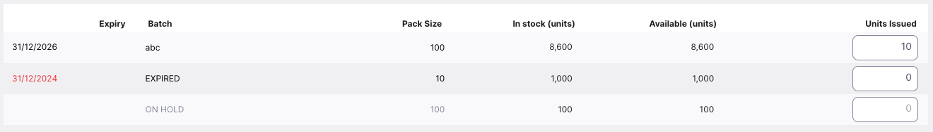 List of available batch numbers
