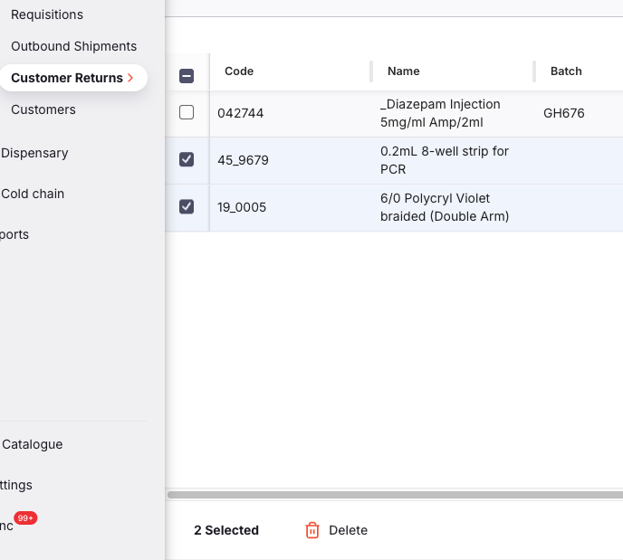 Delete lines actions dropdown