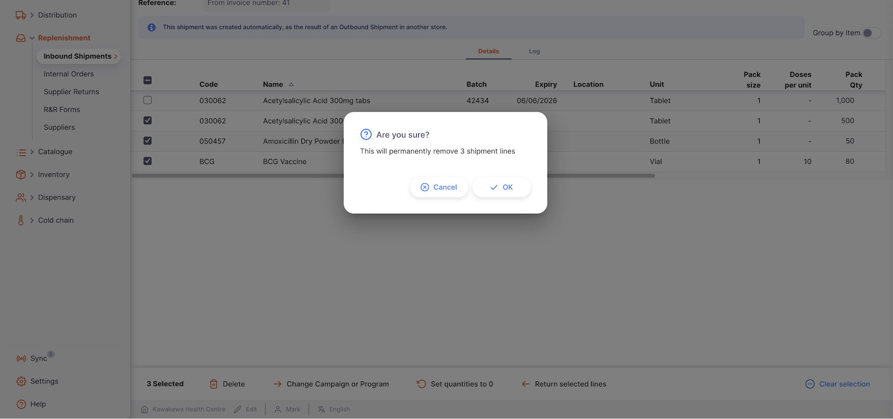 delete an inbound shipment line