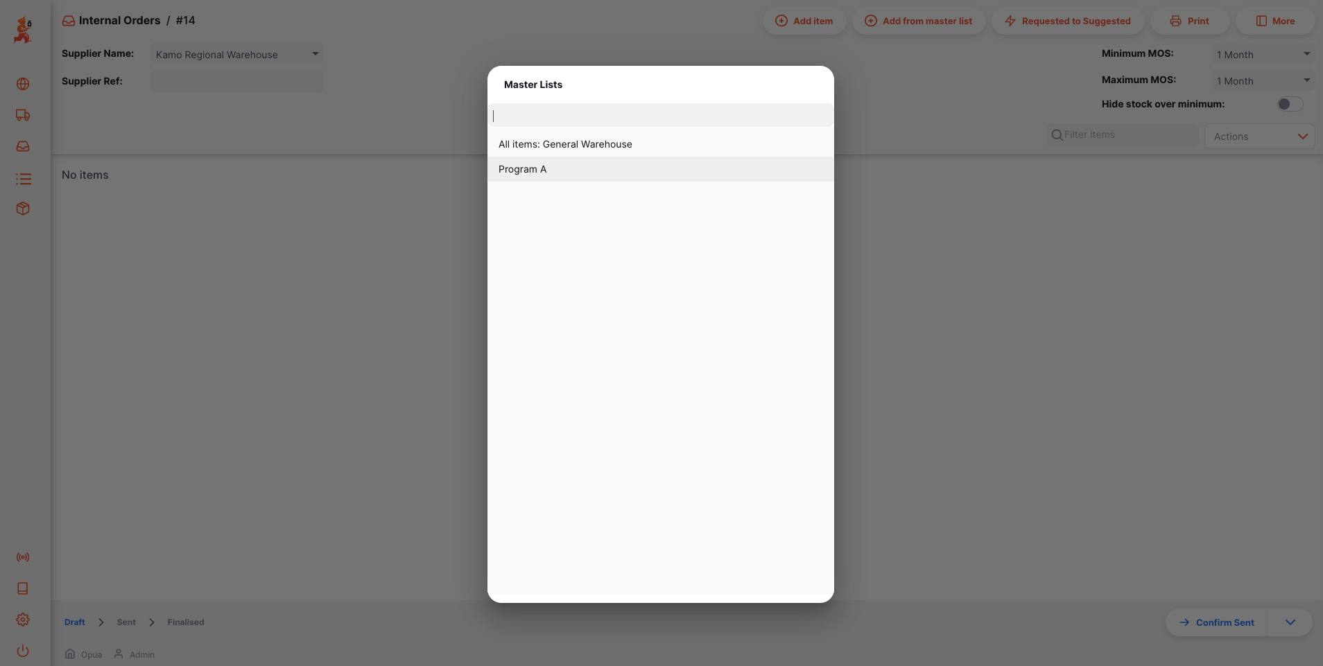 Internal Order: add from master list