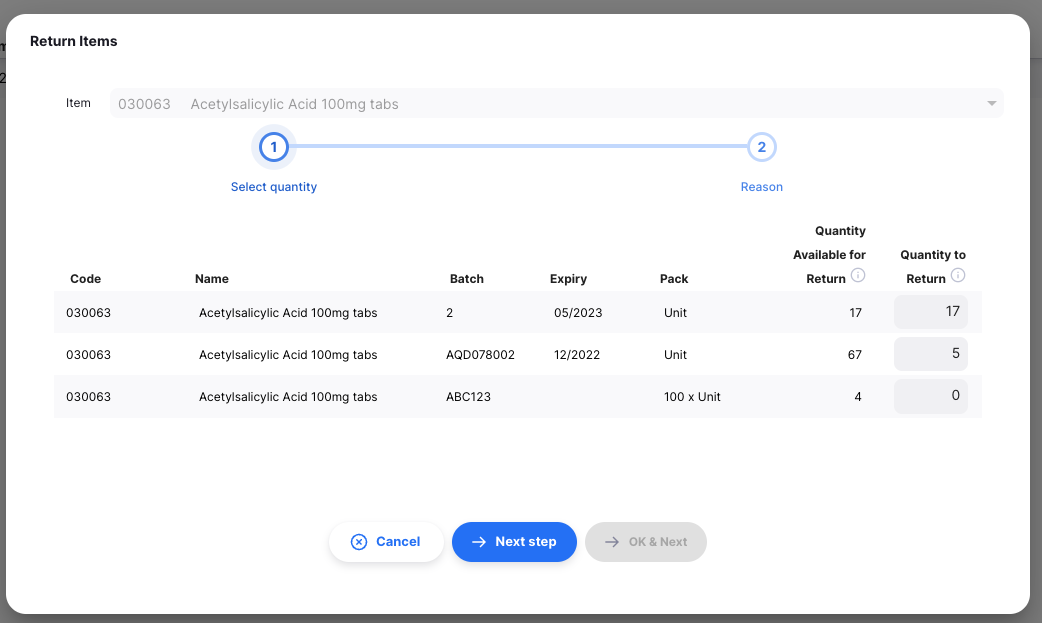 Set quantities to return