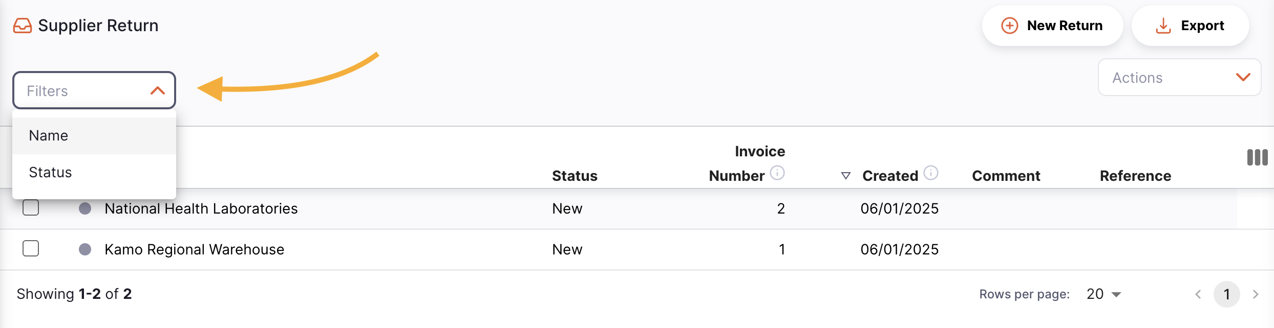 Supplier Return filter
