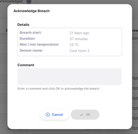 Breach acknowledge dialog