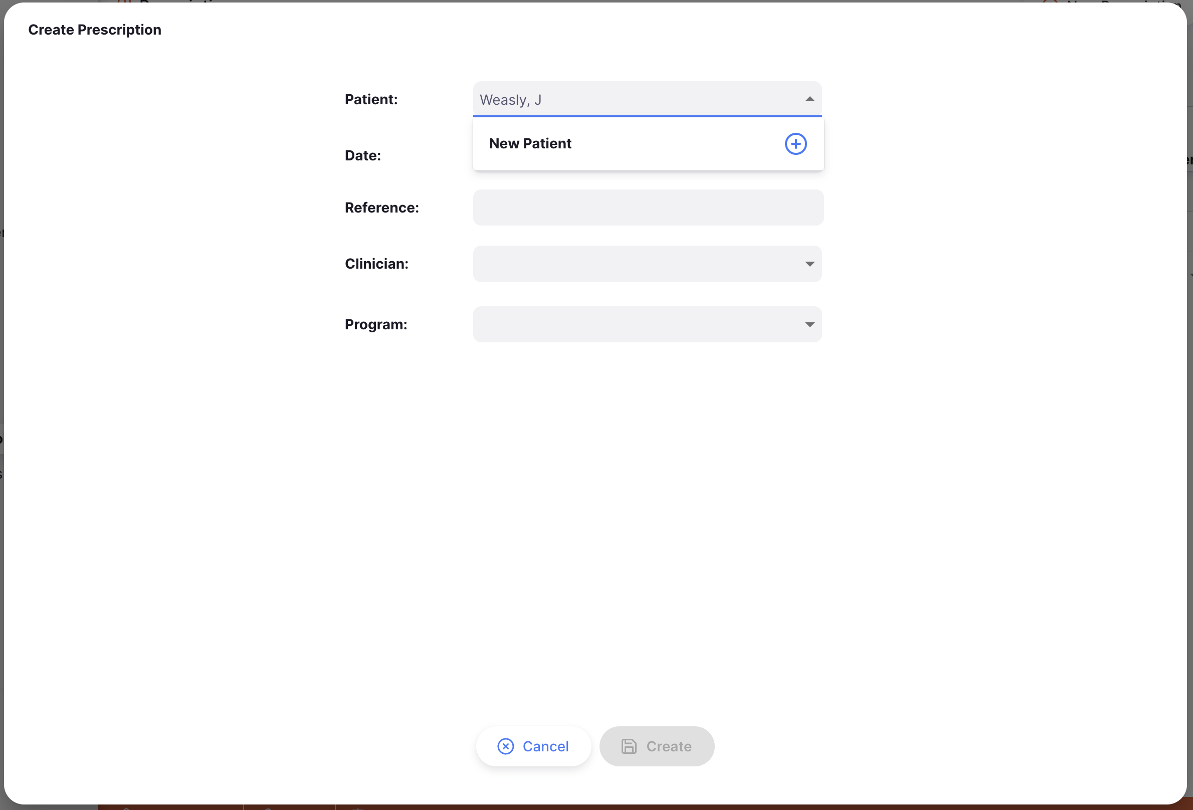 Pop-up créer un nouveau patient
