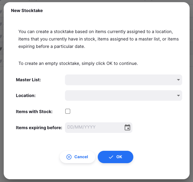 Stocktake: New modal