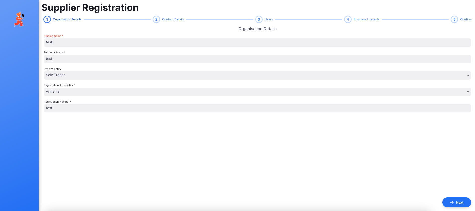 Supplier registration form organisation details