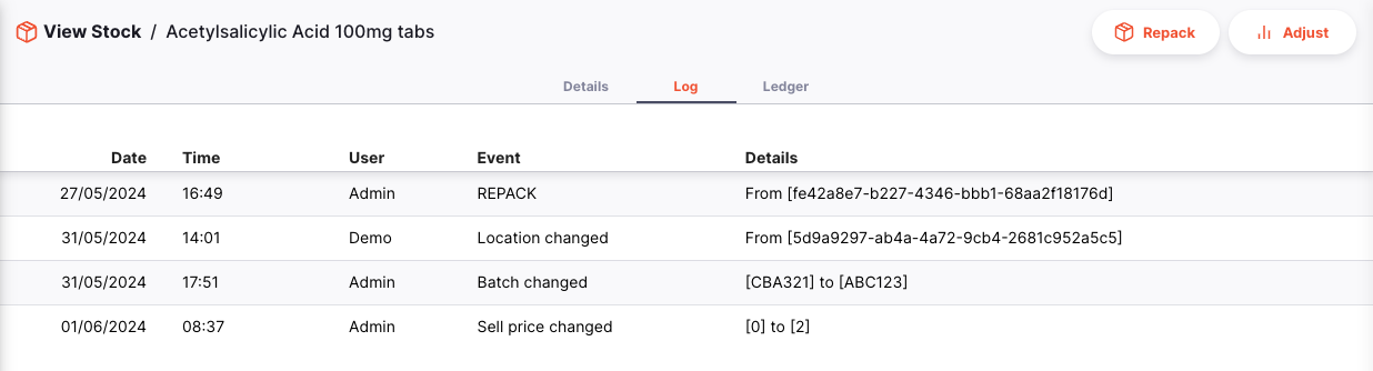 Registo de linha de stock